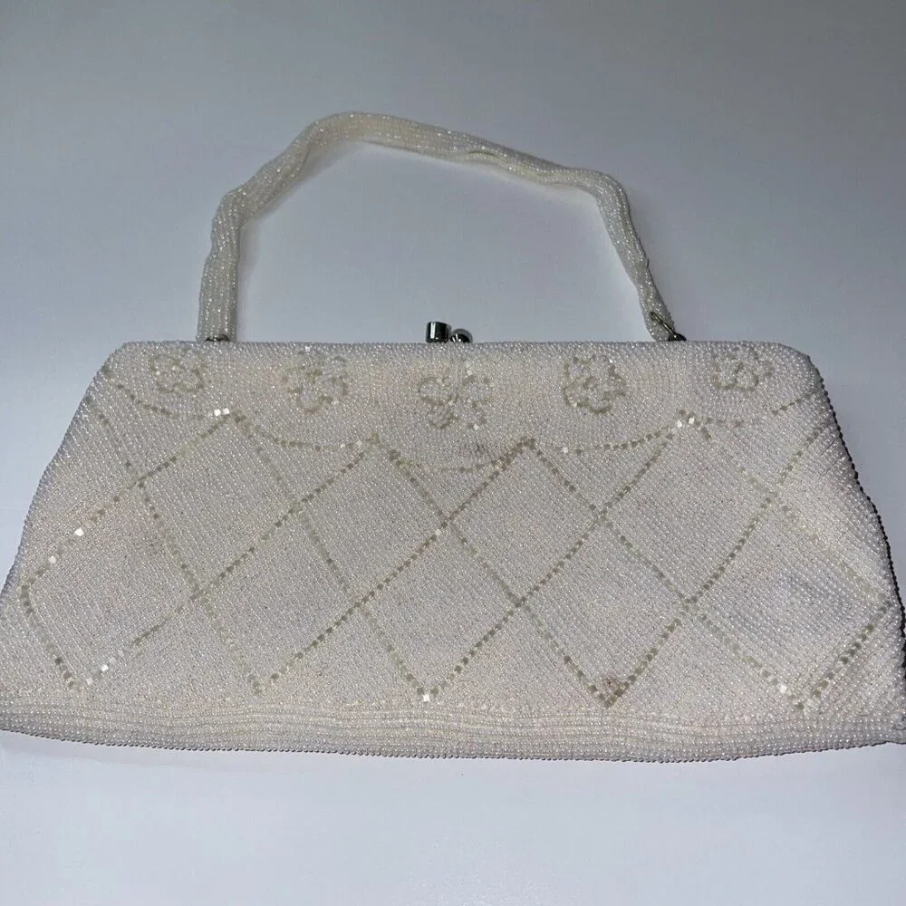 La Regale clutch purse Italian beads White Japan‎ Vintage Mid Century Floral EL4